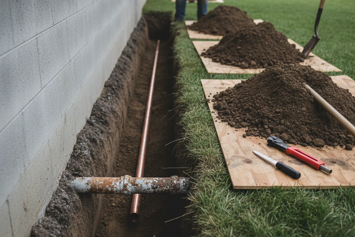 Excavated water line trench during Water Softener Installation in Riverdale